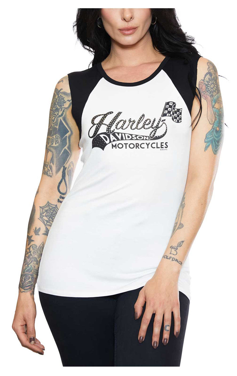 Harley-Davidson® Women's Embellished Racer Colorblocked Sleeveless Tee - White