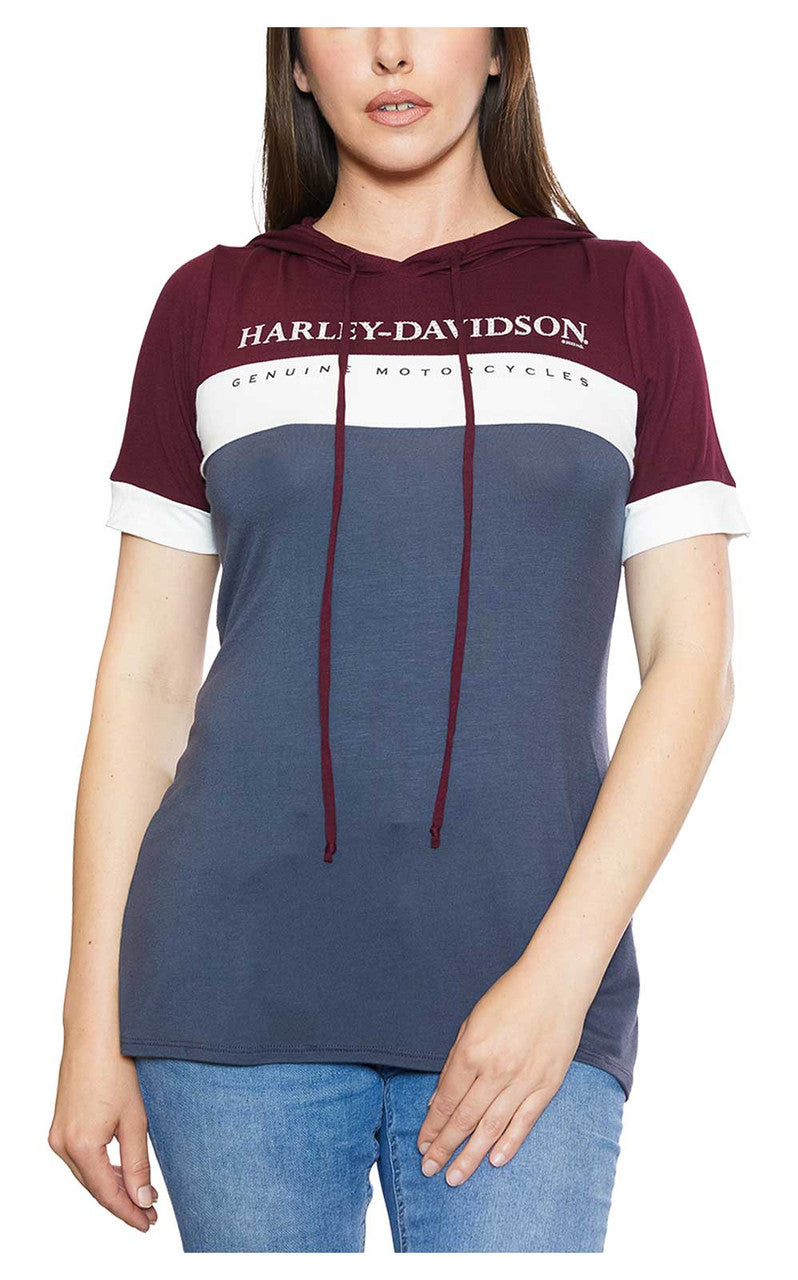 Harley-Davidson® Women's Luxury Colorblocked Hooded Short Sleeve Shirt - Gray