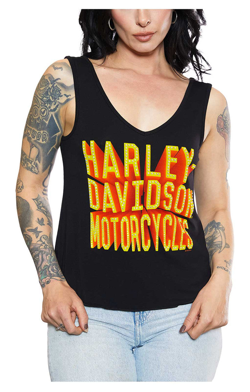 Harley-Davidson® Women's Embellished Retro V-Neck Sleeveless Tank Top - Black