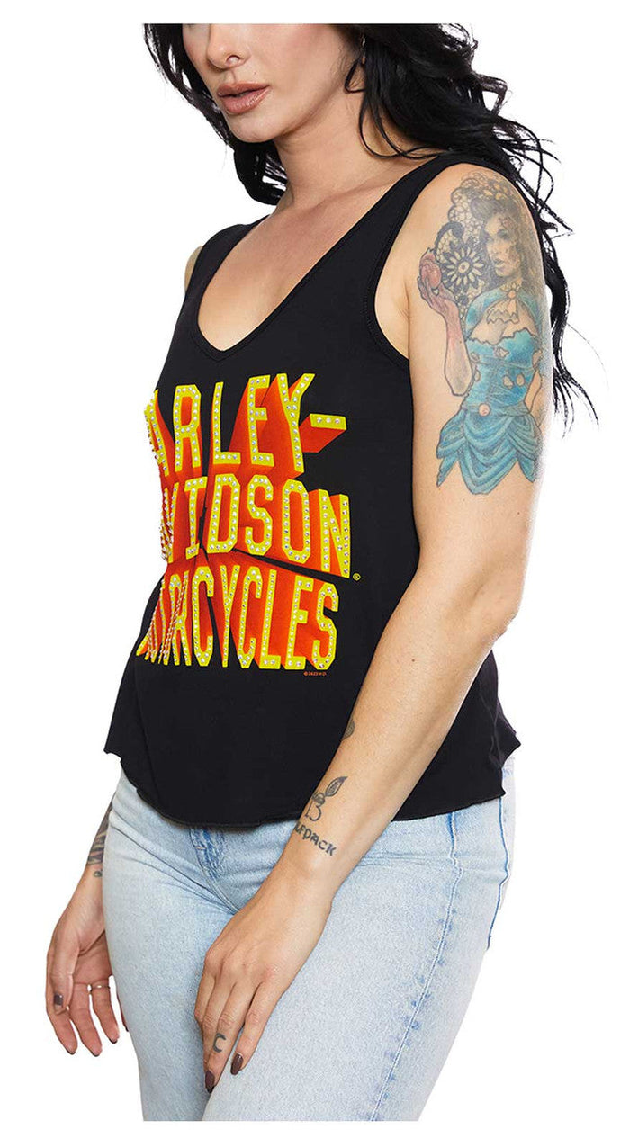 Harley-Davidson® Women's Embellished Retro V-Neck Sleeveless Tank Top - Black