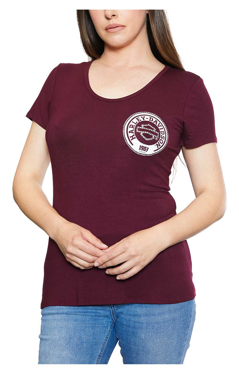 Harley-Davidson® Women's #1 RWB Embellished Scoop Neck Short Sleeve Tee - Maroon