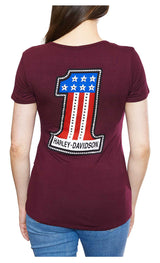 Harley-Davidson® Women's #1 RWB Embellished Scoop Neck Short Sleeve Tee - Maroon