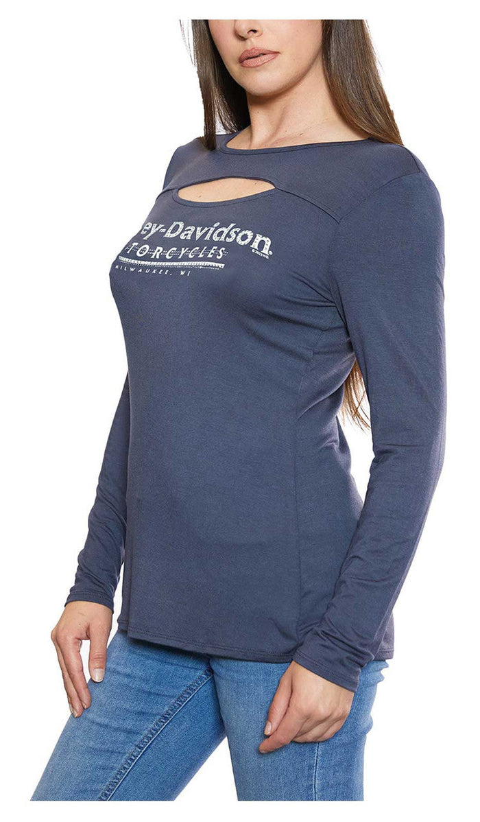 Harley-Davidson Women's Embellished H-D Long Sleeve Cut-Out Shirt - Gray