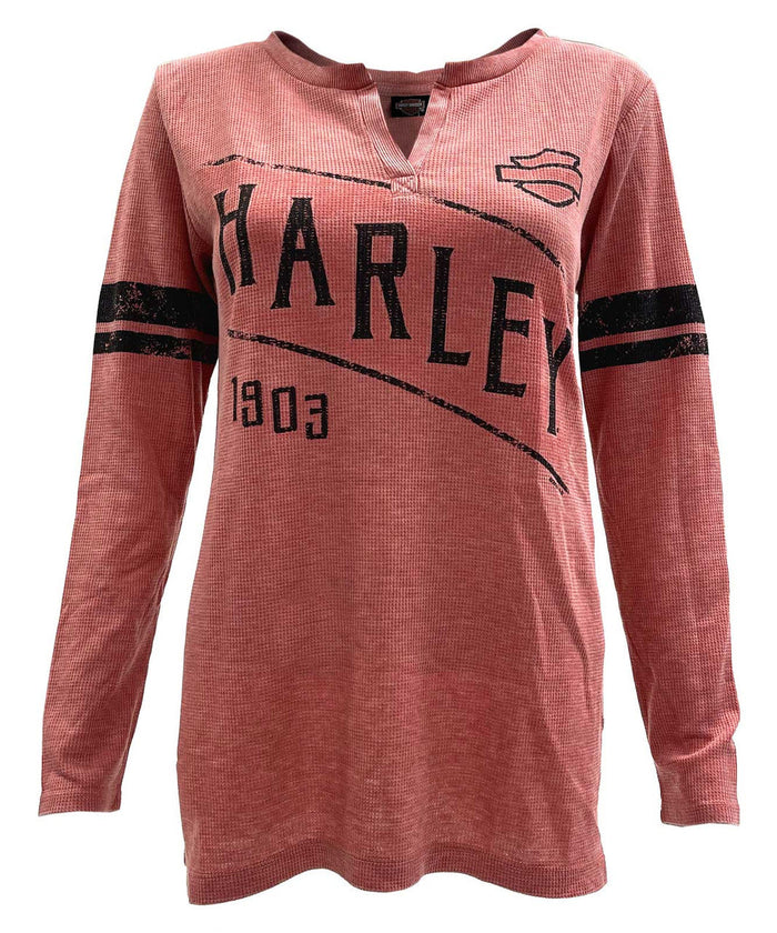 Harley-Davidson Women's Ceramic Long Sleeve Waffle Knit Henley - Terracotta