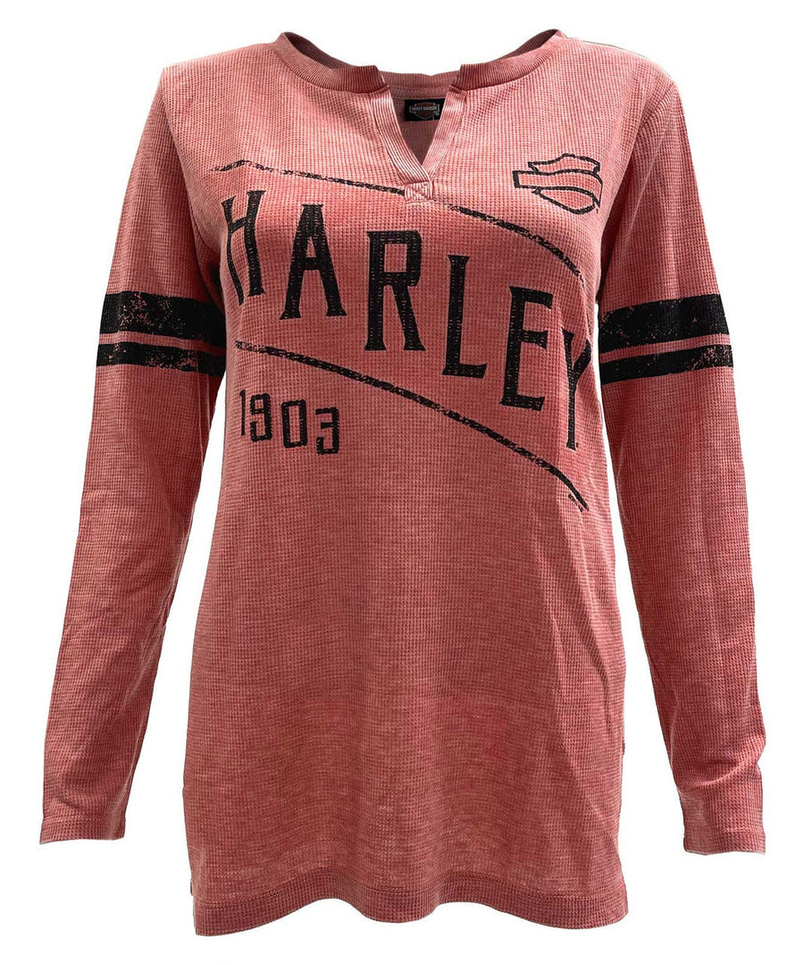 Harley-Davidson Women's Ceramic Long Sleeve Waffle Knit Henley - Terracotta