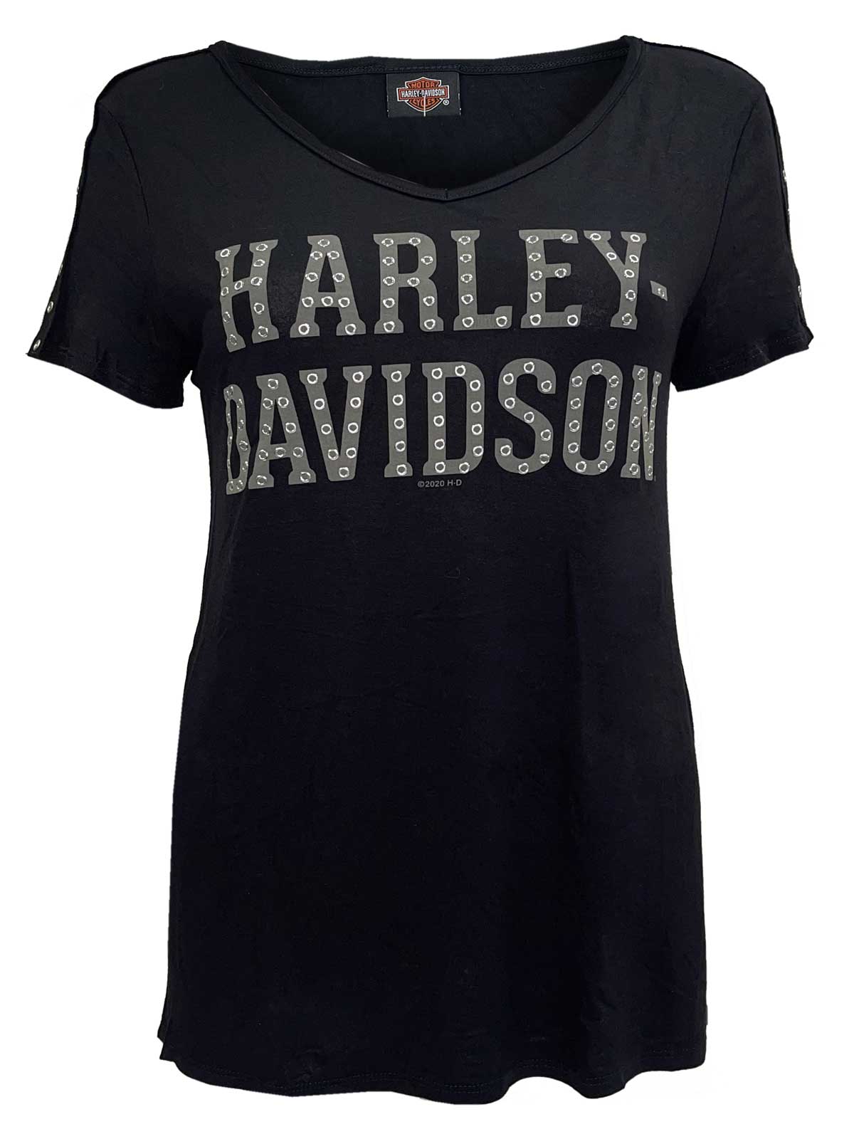 Harley-Davidson Women's Fasten Grommet Sleeve Accents V-Neck Top - Black