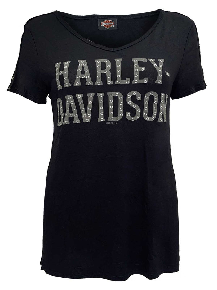Harley-Davidson Women's Fasten Grommet Sleeve Accents V-Neck Top - Black