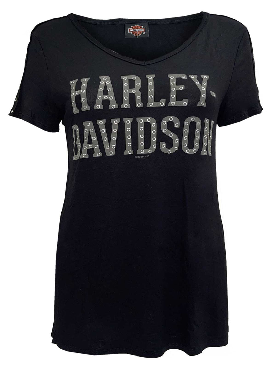 Harley-Davidson Women's Fasten Grommet Sleeve Accents V-Neck Top - Black