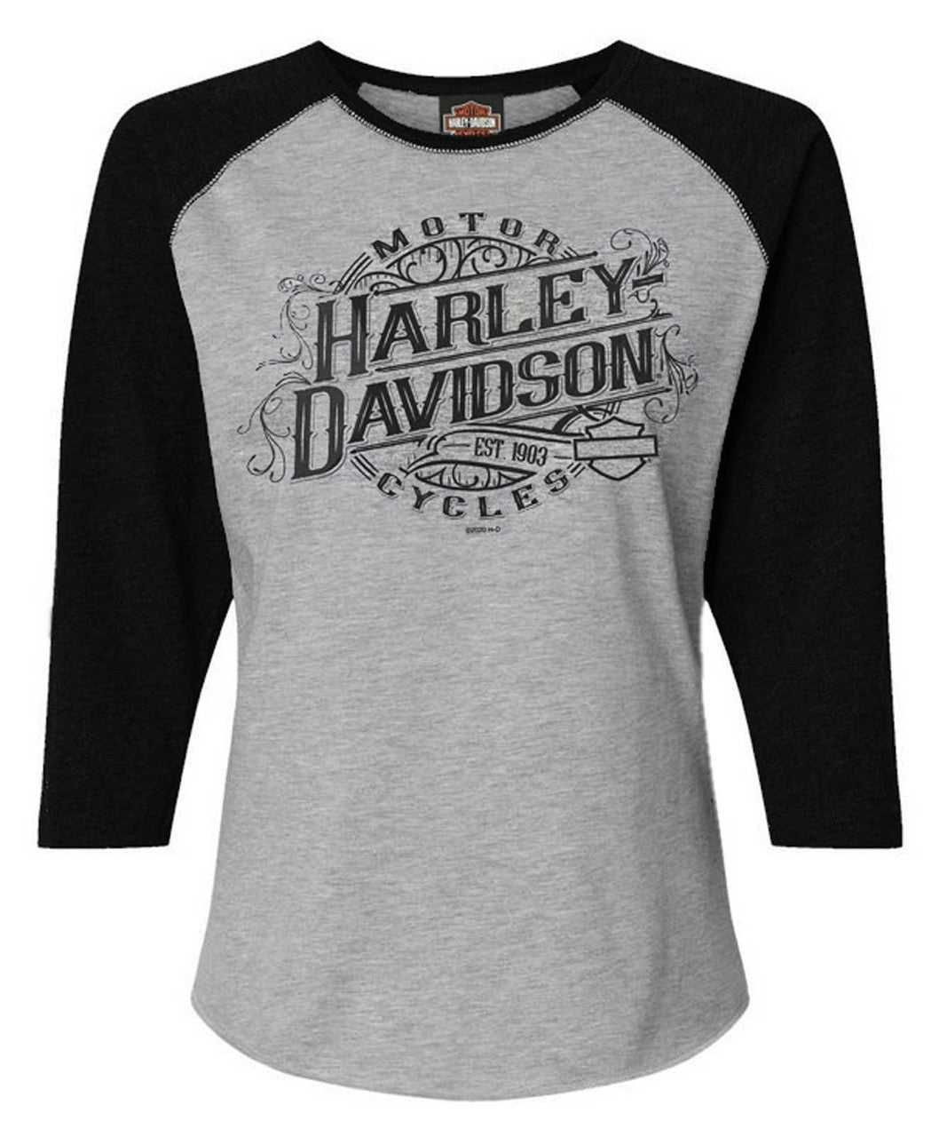Harley-Davidson Women's Engrained 3/4 Sleeve Raglan Top - Black/Heather Gray
