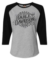 Harley-Davidson Women's Engrained 3/4 Sleeve Raglan Top - Black/Heather Gray
