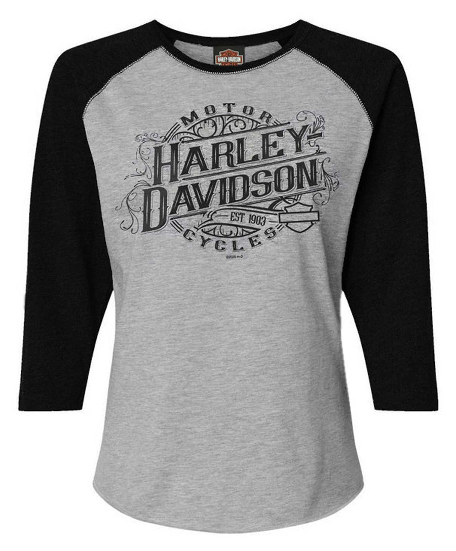 Harley-Davidson Women's Engrained 3/4 Sleeve Raglan Top - Black/Heather Gray