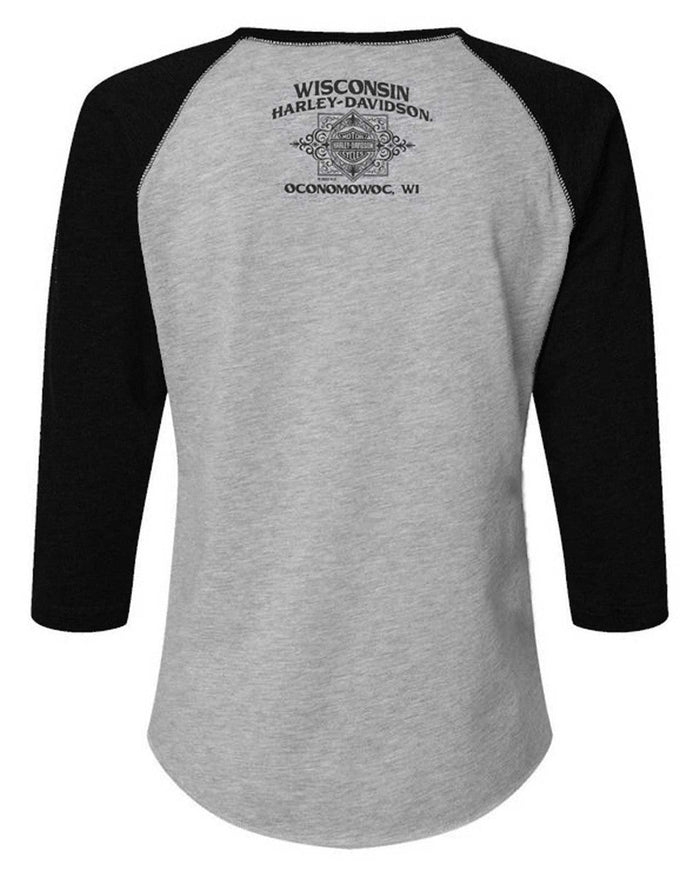Harley-Davidson Women's Engrained 3/4 Sleeve Raglan Top - Black/Heather Gray