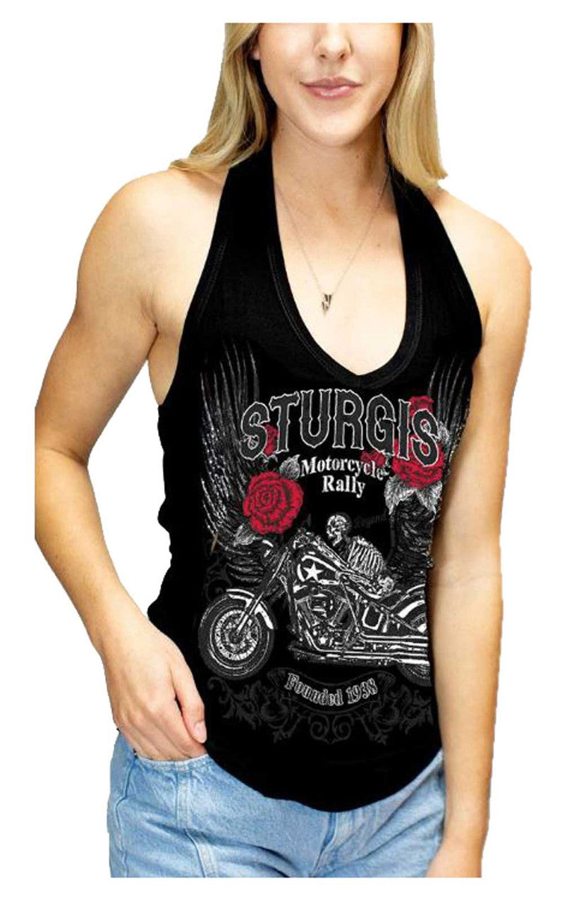 Liberty Wear Women's Sturgis Winged Bike V-Neck Halter Top w/ Tie Back - Black