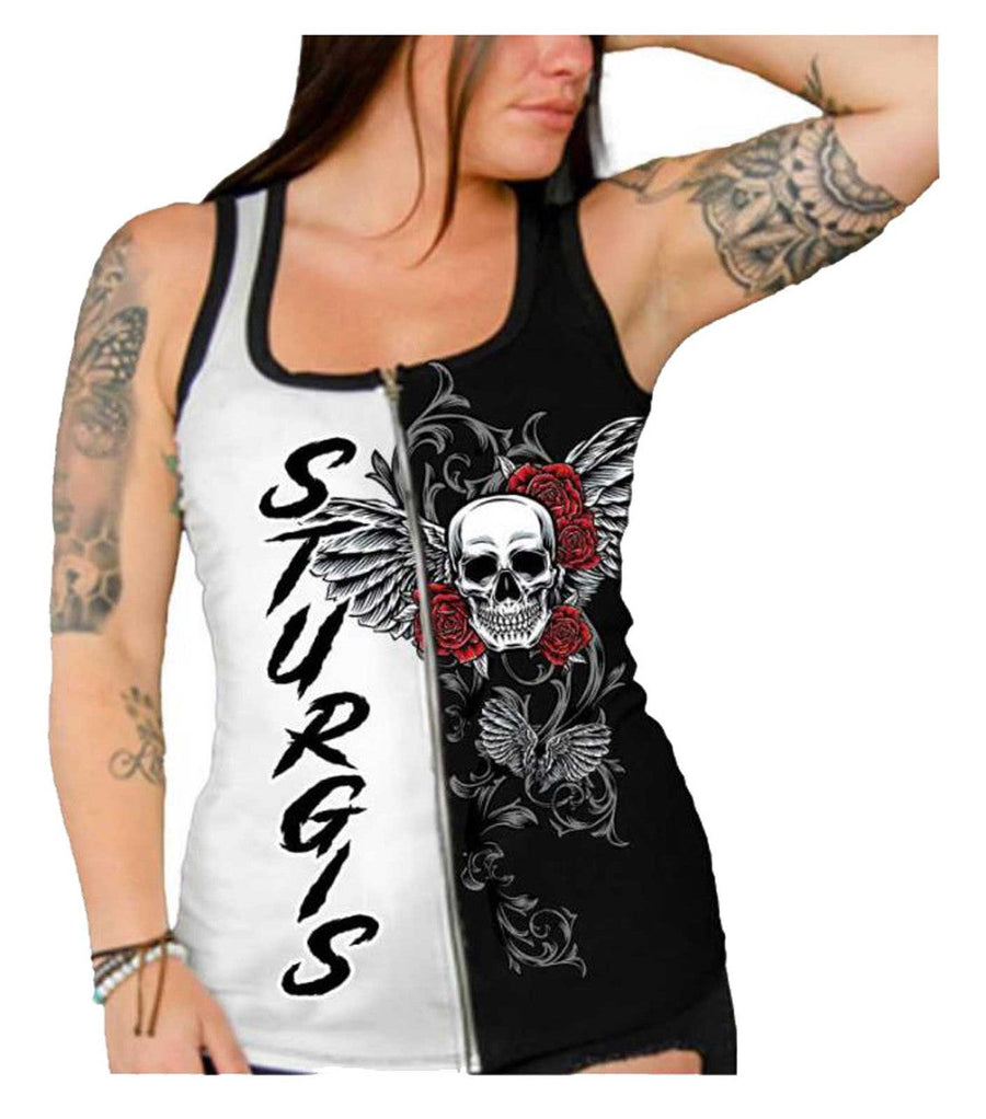 Liberty Wear Women's Sturgis Zip Front Sleeveless Tank Top - Black/White